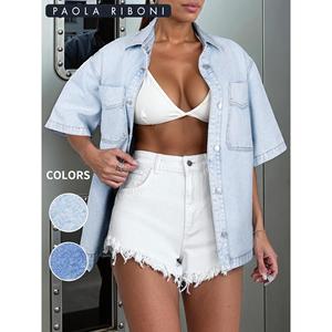 Paola Riboni Women <b>Denim</b> Shirt Oversize Short Sleeve Button Up Light Wash Vintage Style Summer Casual <b>Coat</b> - Product Image 1