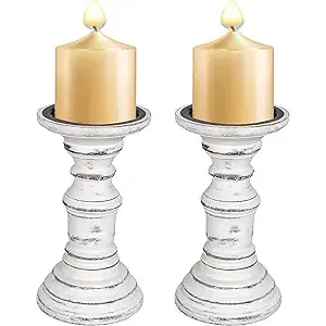 Set of 2 <b>White</b> Antique Wooden <b>Pillar</b> <b>Candle</b> Stands 7.5\" Turned Columns Rustic Aromatherapy Votive <b>Candle</b> Holders for Weddings - Product Image 5