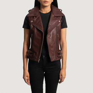 Gilet de motard en cuir de haute qualité avec fermeture éclair, en cuir d'agneau véritable, col en V, gilets en cuir de moto haut de gamme pour femmes - Product Image 1