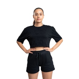 T-shirt court avec logo personnalisé respirant noir 100% coton pour femmes hauts courts à quantité minimale de commande bas vente en gros - Product Image 1