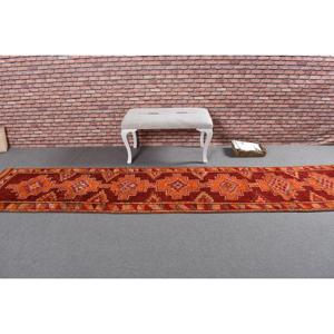Turkish Vintage <b>Runner</b> Rug 2.6x12.2 ft, <b>Red</b> Orange Plants & trees Wool Rug - Product Image 3
