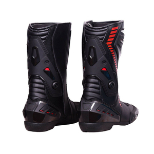 Bottes de moto en cuir rouge et noir de haute qualité pour hommes avec finition haut de gamme, semelle durable, protection et confort de conduite - Product Image 4