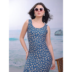 Vestido Midi ajustado para mujer sin mangas cuello redondo estampado Floral estirable tela pesada importada estilo sirena vestido de fiesta - Product Image 3