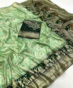 Exclusivo Sari de seda Banarasi para mujer con trabajo bordado tradicional y hermosa Blusa confeccionada para celebraciones de boda - Product Image 3