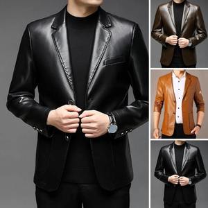 Chaqueta de Hombre de Tela de Alta Calidad, Chaqueta de Hombre Elegante con Cuello de Solapa, Puños con Botones, Bolsillo, Estilo Ejecutivo, Cuero Sintético para Exteriores - Product Image 5
