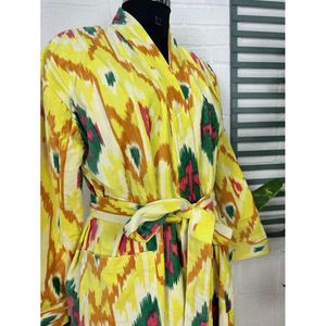 Luxury Unisex Robe Luxury Velvet House <b>Kimono</b> <b>Jacket</b> Reversible <b>Silk</b> Lined Elegant Ikat Yellow Malibu Bluish XL Perfect Autumn - Product Image 6