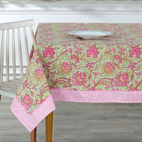 Nappe indienne en coton imprimé bloc floral fait à la main vert pistache et rose pastèque rectangulaire pour mariage ou repas