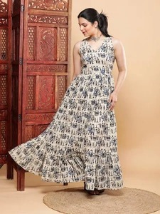Robe indienne faite à la main en coton imprimé de blocs élégante imprimé floral longue Maxi à la mode tenue d'été confortable Style décontracté - Product Image 2