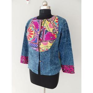 Veste en jean courte d'hiver indienne, tissée, respirante, patchwork, imprimé floral à la main, décontractée pour femmes - Product Image 2