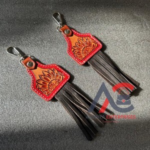 New Real Handcrafted Genuine Color Tooled Leather Cute Charming <b>Tassel</b> Keyrings Hot Sale Western Style Modern Floral <b>Key</b> Fobs - Product Image 1
