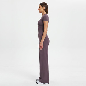 Women's Seamless Yoga Set Crew Neck Short Sleeve High Waist Full Length Solid Color Activewear Pants and <b>Top</b> 2 Piece Set - Product Image 6