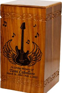 <b>Guitar</b> and Wings Wooden Cremation Urn Large Size Human Funeral Urn with Personalization - Product Image 2