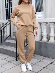 Ensemble deux pièces pour femmes avec logo personnalisé, couleur unie, manches longues, col rabattu, ample, respirant, survêtement décontracté pour le sport d'hiver - Product Image 2