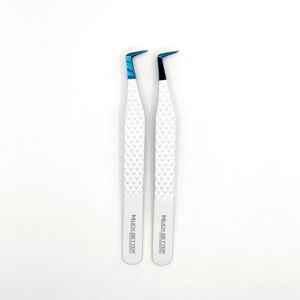 Best seller 90 grados L bota Pinzas de extensión de pestañas punta azul recubierta de pintura y mango blanco Pinzas de pestañas de acero agarre perfecto - Product Image 6
