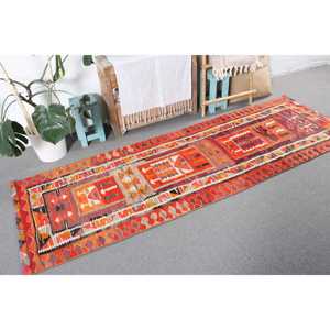 Turkish Kilim Rug 2.9x8.7 ft, <b>Red</b> Orange Check <b>Wool</b> Vintage Rug - Product Image 4