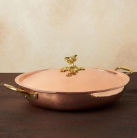 Peralatan masak Ruffoni bahan tembaga bentuk Oval, perlengkapan masak Casserole, penghangat makanan dapur dengan bunga berlapis emas, perlengkapan tutup atas desainer