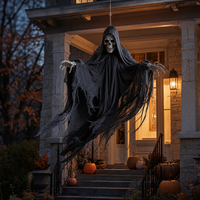Décoration volante d'Halloween : squelette fantôme Grim Reaper en robe noire avec bras pliables pour porche, arbre, couloir