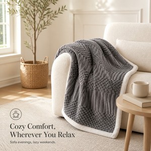 Manta de sofá de Polonia, color gris suave, textura de palomitas de maíz, forro de sherpa, entrega rápida en la UE - Product Image 3