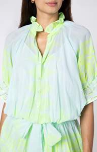 Precio al por mayor Nueva colección Mini Vestido de manga corta Diseño único Volante Ecológico Cintura natural Botón tejido - Product Image 3