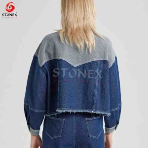 Chaquetas de mezclilla recortadas de retazos en contraste de 2 colores con cuello abotonado estilo novio para mujer personalizadas - Product Image 5