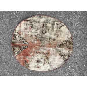 พรมกลมสไตล์ตุรกี ขนาด 2.7x2.7 ฟุต พรมขนสัตว์ลายตารางสีเบจวินเทจ - Product Image 1