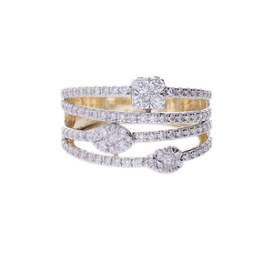 Anillo Clásico de Oro Amarillo de 14K con Baño de Rodio, Diamantes Naturales con Corte Múltiple y Acentos en Racimo, Engaste Pavé de Cuatro Bandas para Mujer - Product Image 1