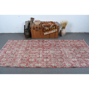Alfombra vintage de 4x9.1 pies (121x276 cm), alfombra de lana turca con motivos de plantas y árboles rojos. - Product Image 2