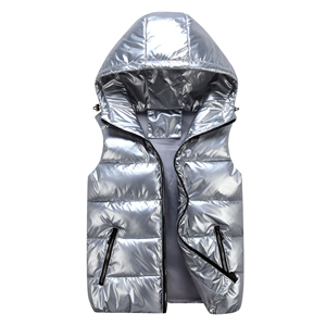 Chaleco acolchado brillante sin mangas de invierno para hombre, chaqueta con capucha, logotipo personalizado, impermeable, brillante, con cierre de cremallera de burbuja, Material de tela - Product Image 3