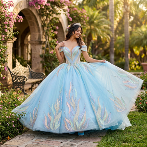 ชุดราตรีงาน Quinceanera สีฟ้าคริสตัลแบบเปิดไหล่ รุ่น 8534 Illusion Blue - Product Image 1