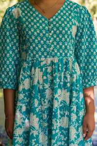 Leilana Handcrafted Pure Cotton Dress Bohemian <b>Floral</b> Turquoise Ethical Fashion - Product Image 5