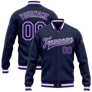 Veste bomber universitaire à lettres, style décontracté, hiver, sur mesure, bleu marine, violet et blanc, à boutons pression, vente en gros directe de l'industrie - Product Image 1