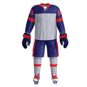 Ensemble uniforme de hockey bleu marine à rayures blanches, maillot personnalisé, short, chaussettes, bordure rouge, col en V, nom et numéro du joueur, équipement sportif - Product Image 1