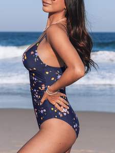 Traje de baño de una pieza azul marino para mujer con estampado floral pequeño, cuello en V profundo y tirantes finos ajustables, traje de baño para playa - Product Image 3