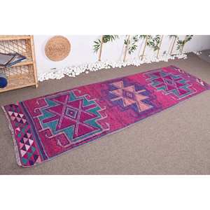 Alfombra turca Vintage de lana tradicional púrpura y rosa, 2,9x10,2 pies, patrón de retazos, alfombra para sala de estar con respaldo de látex - Product Image 3