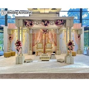 Mandap de Tres Pilares para Bodas Asiáticas, Estilo Palacio Blanco, Fibra de Vidrio Moderna, Tamaño Personalizado, Decoración Ligera para Bodas Indias, Último Diseño - Product Image 1
