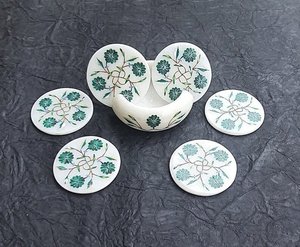Handcrafted White <b>Marble</b> Inlay Tea Coasters Set Of 6 Natural Stone Crystal Drink Coasters - Product Image 4