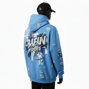 เสื้อฮู้ดดี้พรีเมียมสำหรับผู้ชาย ผ้าฟลีซคอตตอนหนา 350 GSM สีดำ ดีไซน์แผงผ้าแบบดิสเทรส ปักโลโก้ตามสั่ง เสื้อฮู้ดดี้พื้นฐาน - Product Image 5