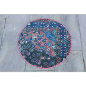 Alfombra Redonda Vintage de 2x2 pies, Alfombra Abstracta Azul Turca - Product Image 1