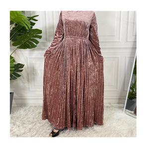 Automne hiver élégant modeste robe musulmane dubaï turc décontracté Abaya caftan plissé velours couleur unie broderie décoration - Product Image 6
