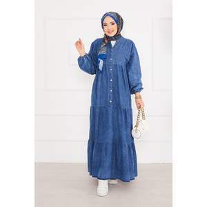 Robe en jean Hijab plissé bleu à moitié boutonné pour femme - Product Image 3