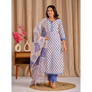 ชุดคุรตะผ้าฝ้ายสีขาวและสีน้ำเงินพร้อมกางเกงขายาวพิมพ์ลายบัตต้า แขนสามส่วน เสื้อสำหรับใส่ในชีวิตประจำวัน - Product Image 3