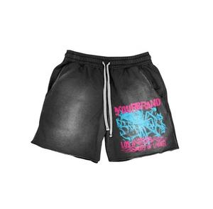 Short en polaire délavé vintage à impression bouffante 3D personnalisé motif solide short de sueur d'été bord coupé patch de détresse lavé à l'acide - Product Image 5