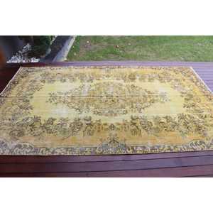 Vintage Turkish Rug, 5.5x9.4 ft Rug, <b>Yellow</b> Brown Ikat <b>Wool</b> Rug - Product Image 3
