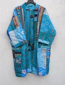 Vintage été soie Kantha luxe respirant à la main col en v Kimono Robe recyclé Patchwork cordon femmes gratuit bain Dressing - Product Image 3