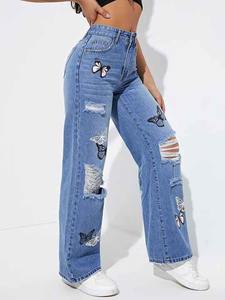 2025 nuevos Pantalones de mujer personalidad espalda grande estampado de mariposa pantalones vaqueros rectos pantalones vaqueros de mujer - Product Image 3
