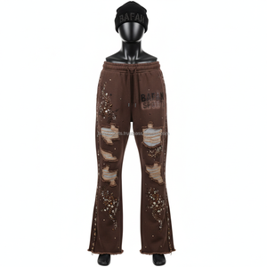 กางเกงวอร์มขาบานผ้าฝ้าย GSM สีน้ำตาล380พรีเมี่ยมซักโลโก้ได้ตามต้องการ - Product Image 1