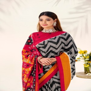 Sari en soie Tussar imprimé VASTRA COTTAGE pour femmes, tissages en zigzag avec blouse en soie Tasar non cousue, tenue de fête élégante, vente en gros - Product Image 2
