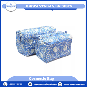 Sac à cosmétiques de haute qualité en coton indien bleu rayé, imprimé à la main, grand format, écologique, durable, style tendance, fermeture éclair - Product Image 2