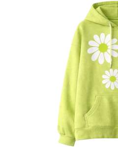 Ensemble sweat à capuche et pantalon de jogging imprimé fleurs marguerites vert lime pour femme, pull molletonné avec pantalon assorti, tenue décontractée - Product Image 2