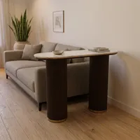 Bureau d'angle personnalisé avec plateau en pierre, design moderne et luxueux, pieds cylindriques en bois, table de bureau triangulaire, bureau d'ordinateur de direction
